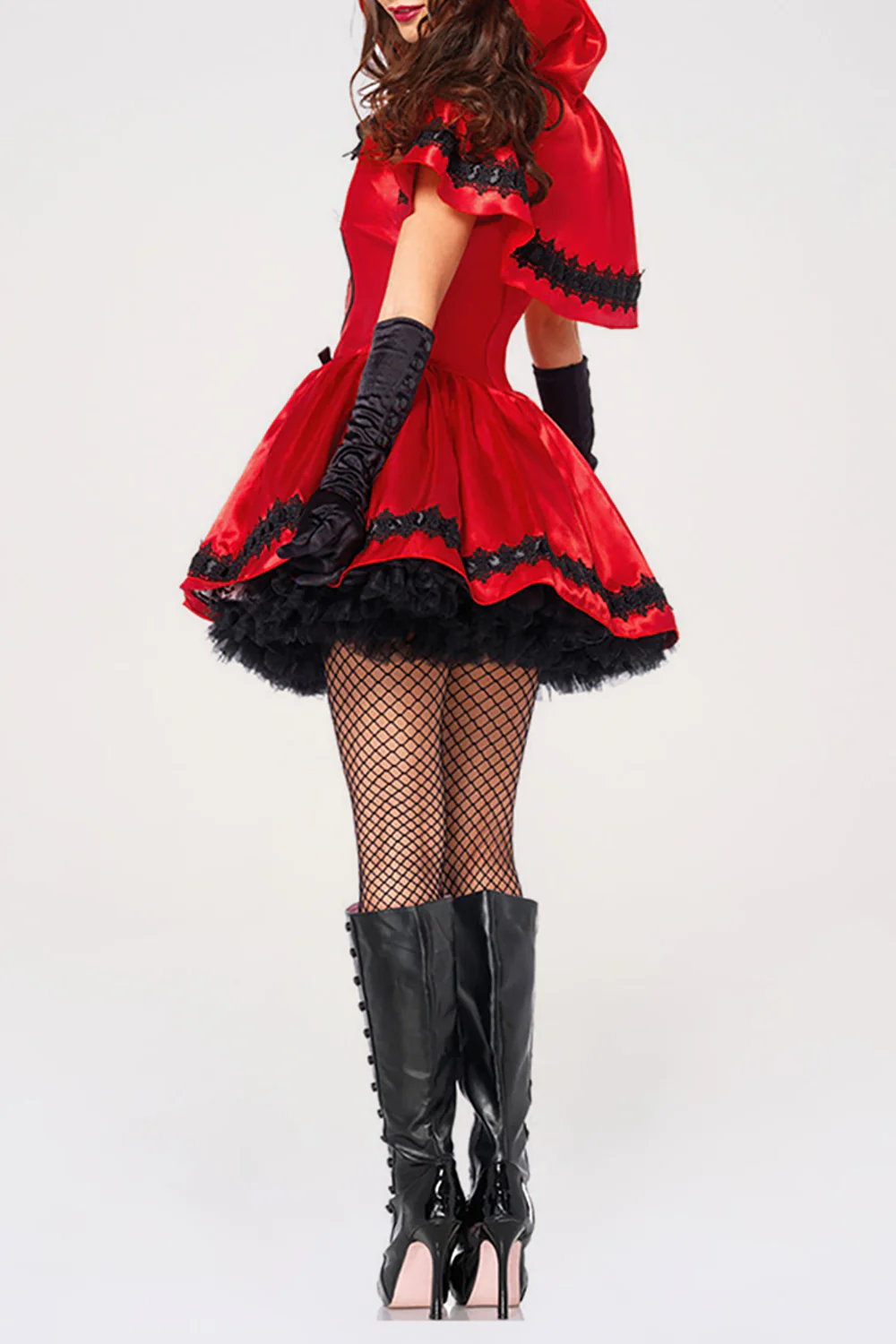 Lace Up Cinch Waist Colorblock Mini Dresses Hooded Shawl Halloween Set-Red - Image 8