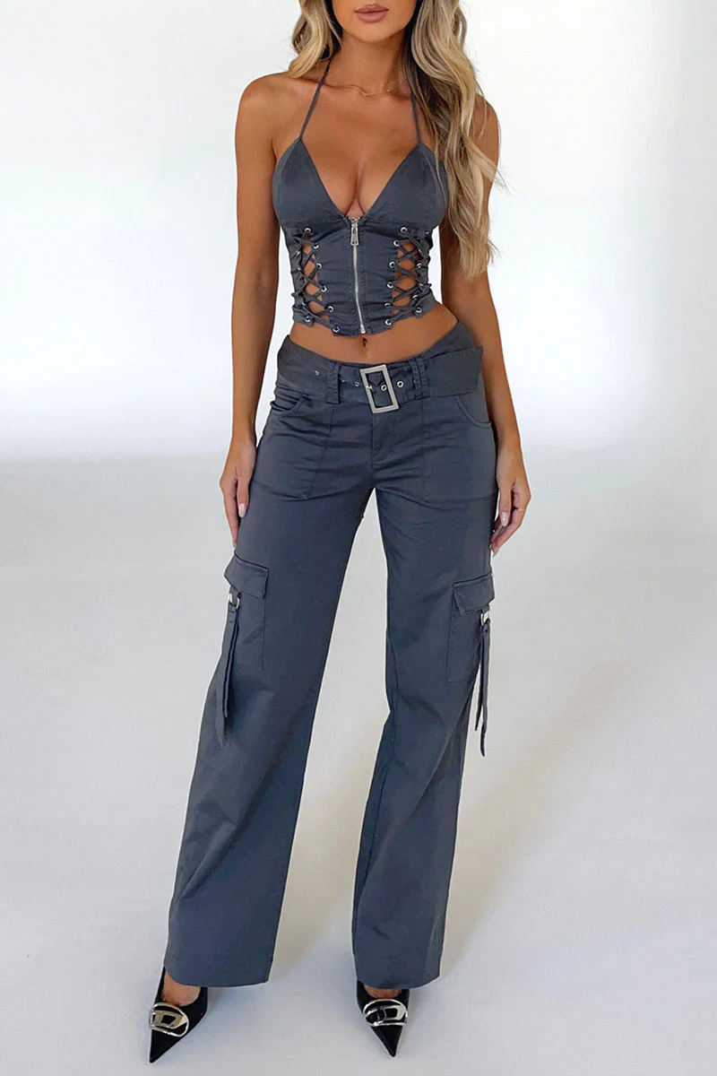 Lace Up Zip Halter Backless Crop Top Pocket Straight Leg Pants Matching Set-Grey
