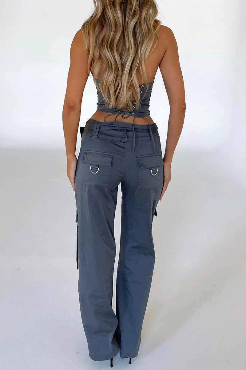 Lace Up Zip Halter Backless Crop Top Pocket Straight Leg Pants Matching Set-Grey - Image 2