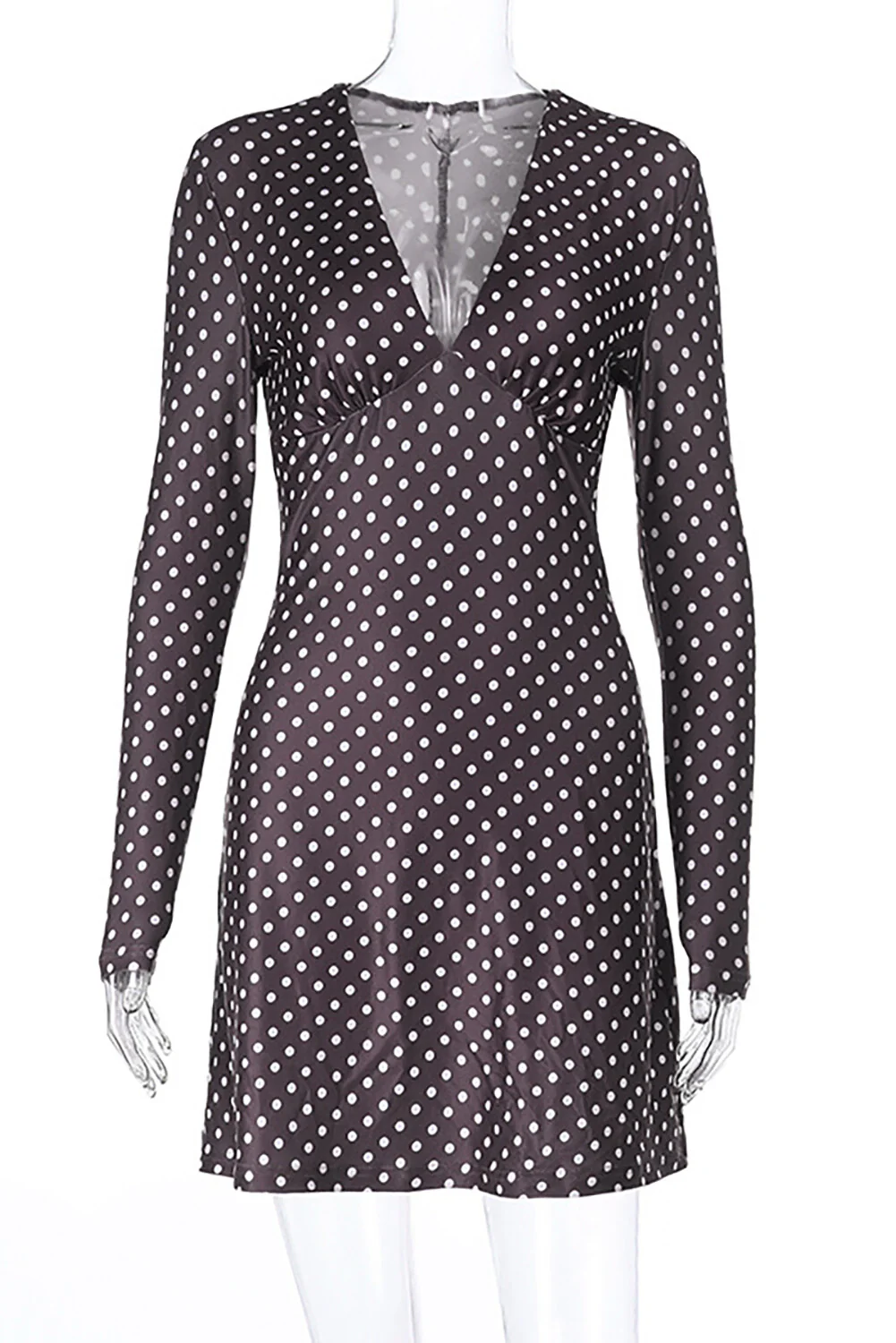 Leopard Print Deep V Neck Long Sleeve A-Line Mini Dresses-Brown - Image 7