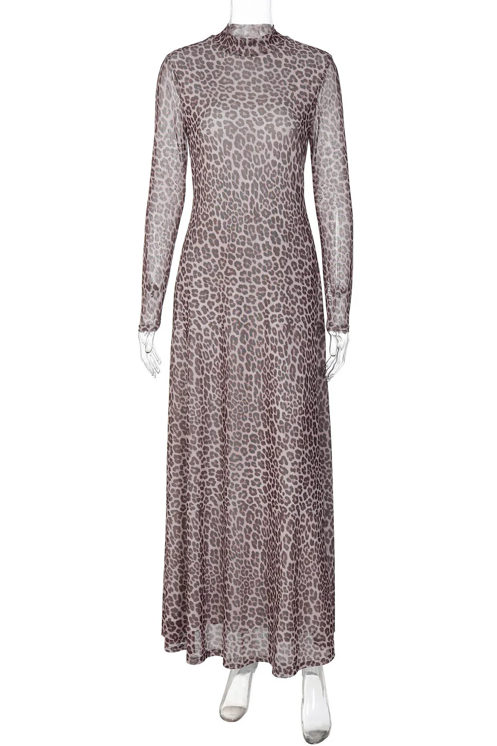 Leopard Print Long Sleeve Mock Neck Slim Fit Maxi Dresses-Brown - Image 5