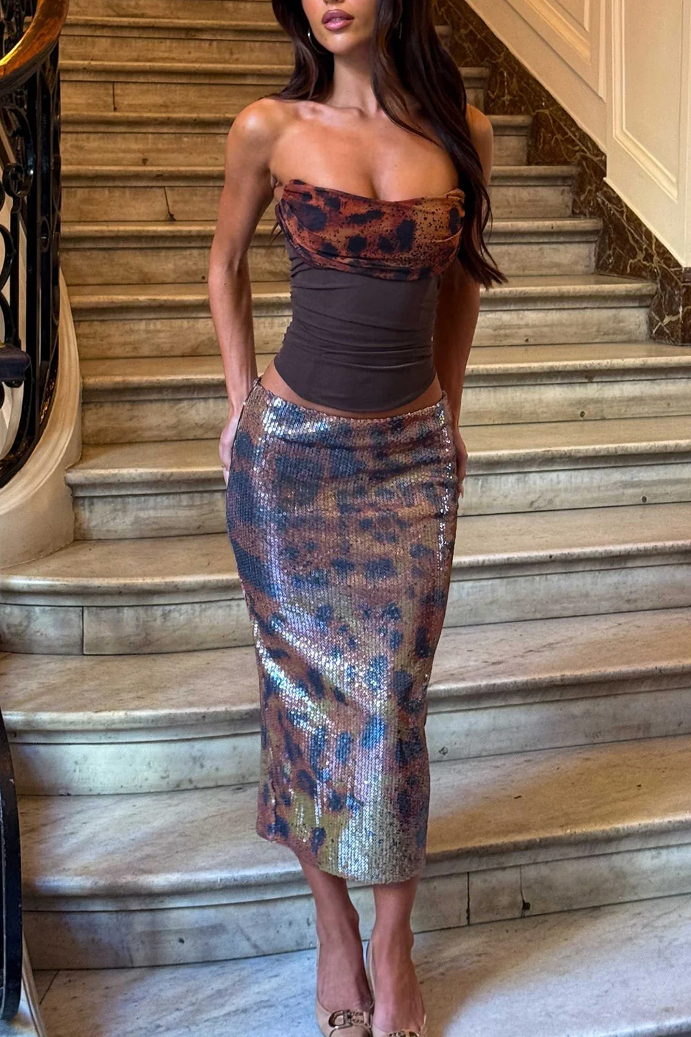 Leopard Print Patchwork Tube Top Sequin Midi Skirt 2pcs Set-Brown Pre Order - Image 3