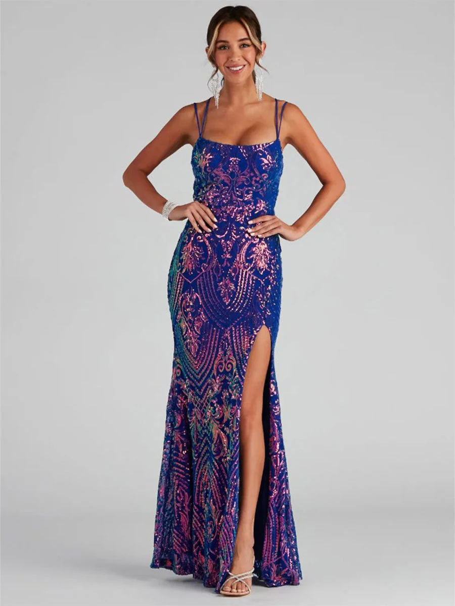 Long High-Slit Sequin Spaghetti Strap Evening Gown