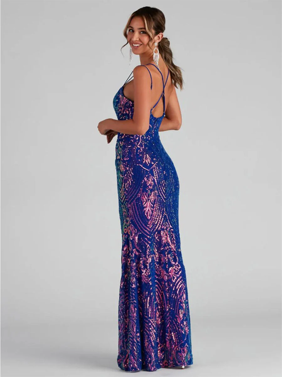 Long High-Slit Sequin Spaghetti Strap Evening Gown - Image 3