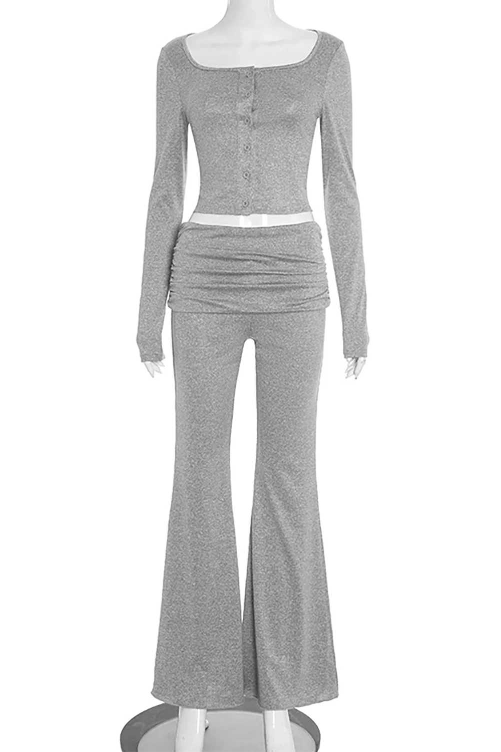 Long Sleeve Button Up Crop Top Ruched Slim Fit Flared Pants Set-LightGray - Image 10