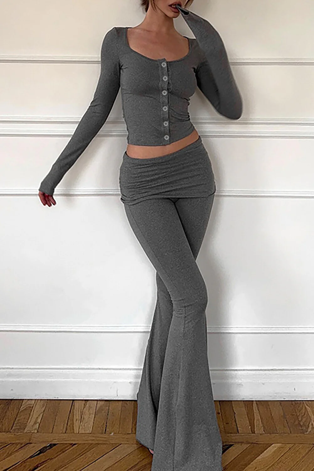 Long Sleeve Button Up Crop Top Ruched Slim Fit Flared Pants Set-LightGray - Image 7