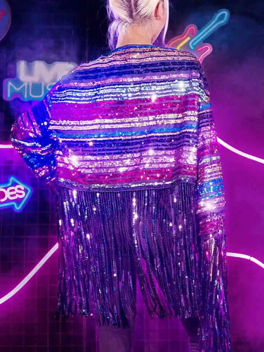 New Long Sleeve Colorful Sequin Tassel Jacket Top - Image 2