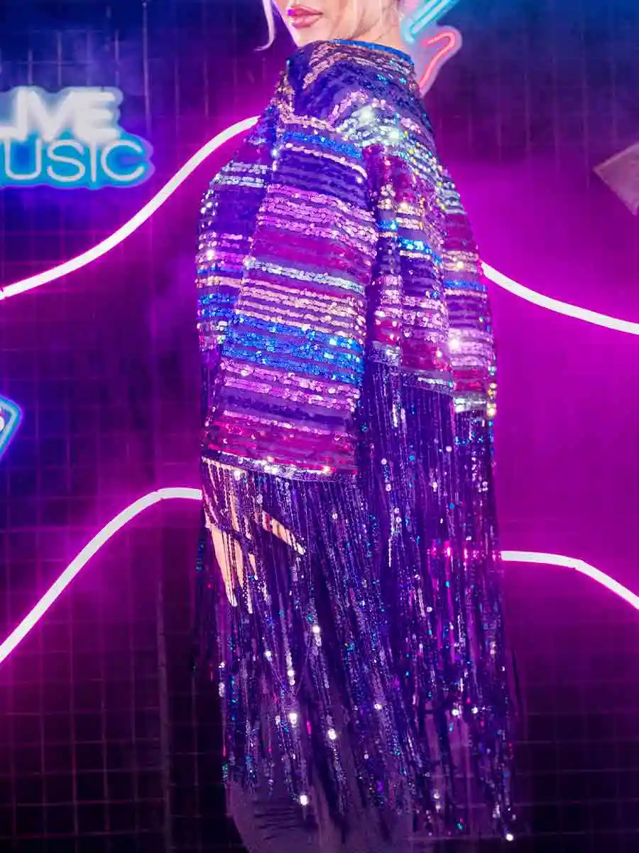 New Long Sleeve Colorful Sequin Tassel Jacket Top - Image 4