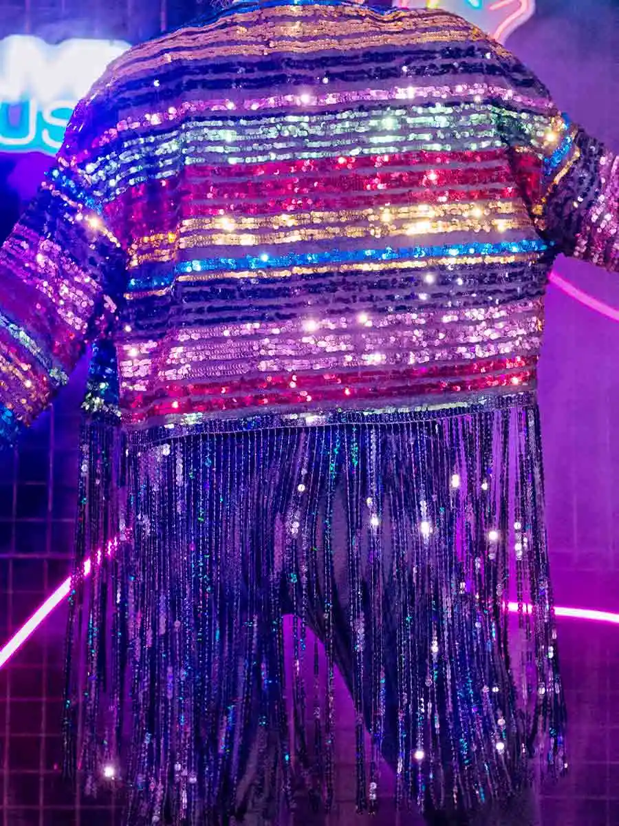 New Long Sleeve Colorful Sequin Tassel Jacket Top - Image 5
