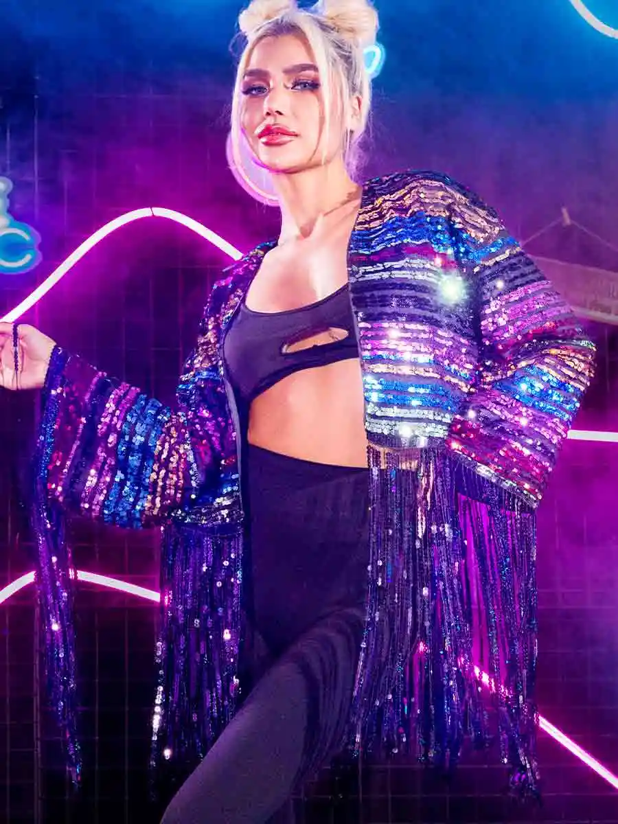 New Long Sleeve Colorful Sequin Tassel Jacket Top - Image 6