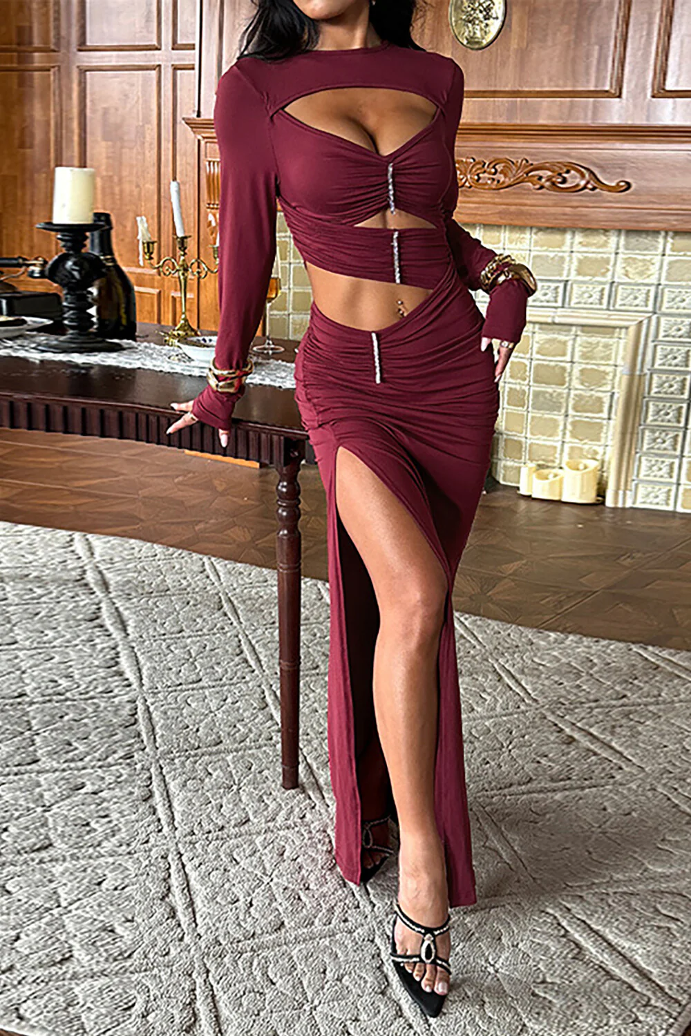 Long Sleeve Cutout Ruched Fitted High Slit Maxi Dresses-Burgundy - Image 2