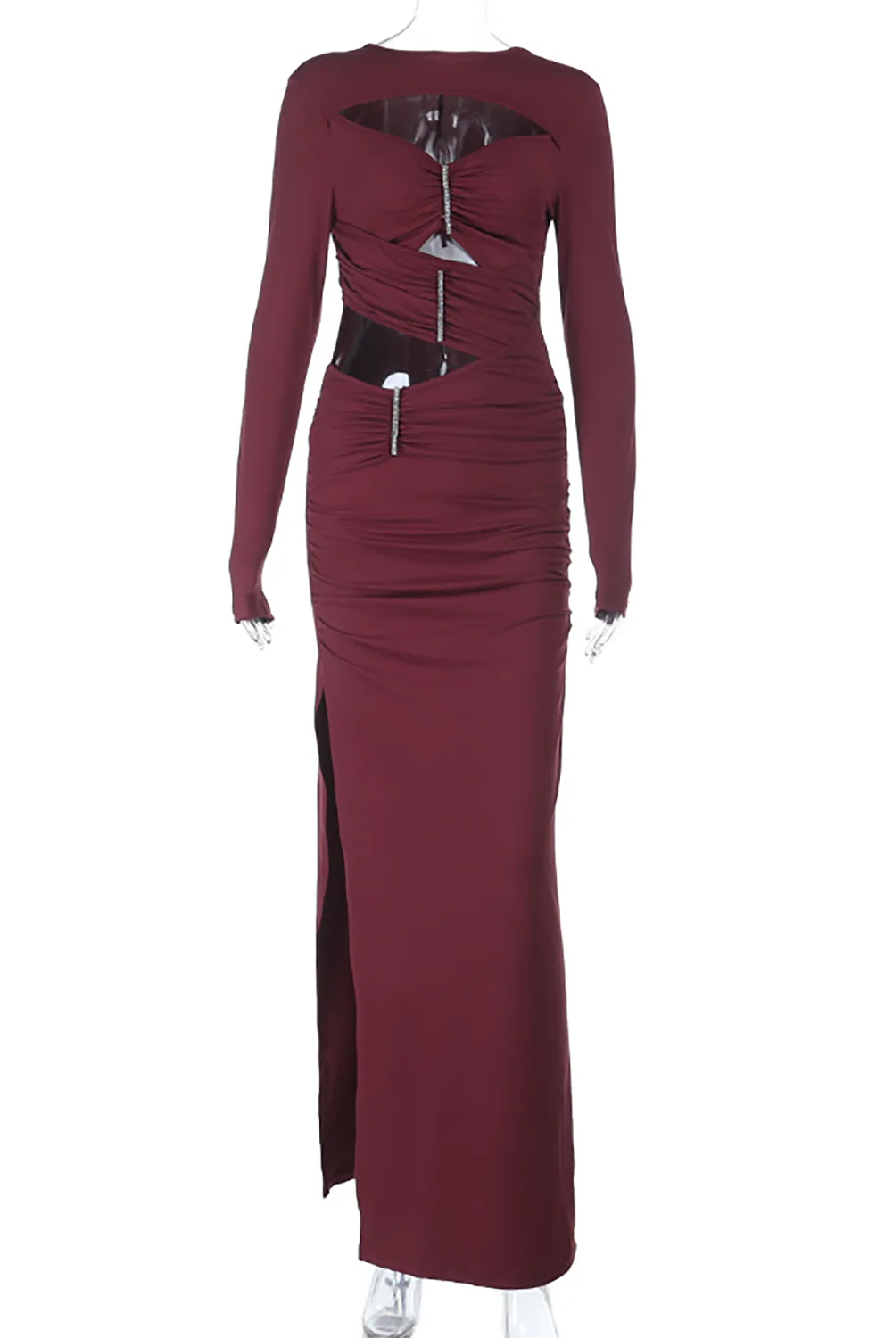 Long Sleeve Cutout Ruched Fitted High Slit Maxi Dresses-Burgundy - Image 7