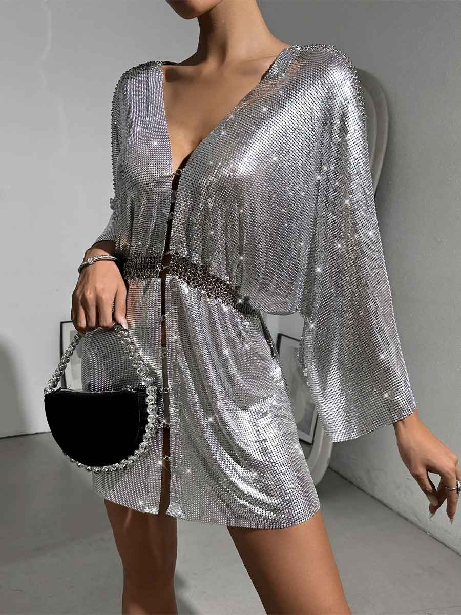 Loose Metallic Sequin V-Neck Dress - Image 2