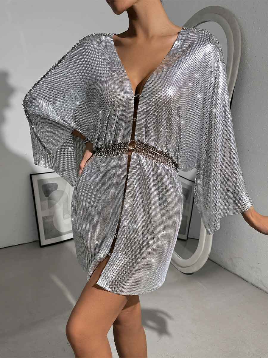 Loose Metallic Sequin V-Neck Dress - Image 3