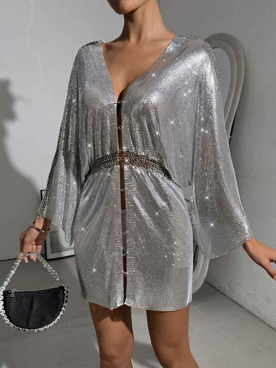 Loose Metallic Sequin V-Neck Dress - Image 4
