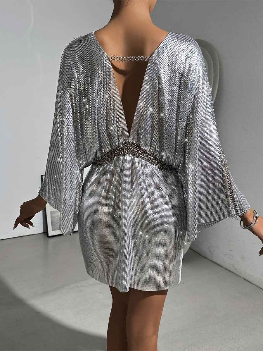 Loose Metallic Sequin V-Neck Dress - Image 5