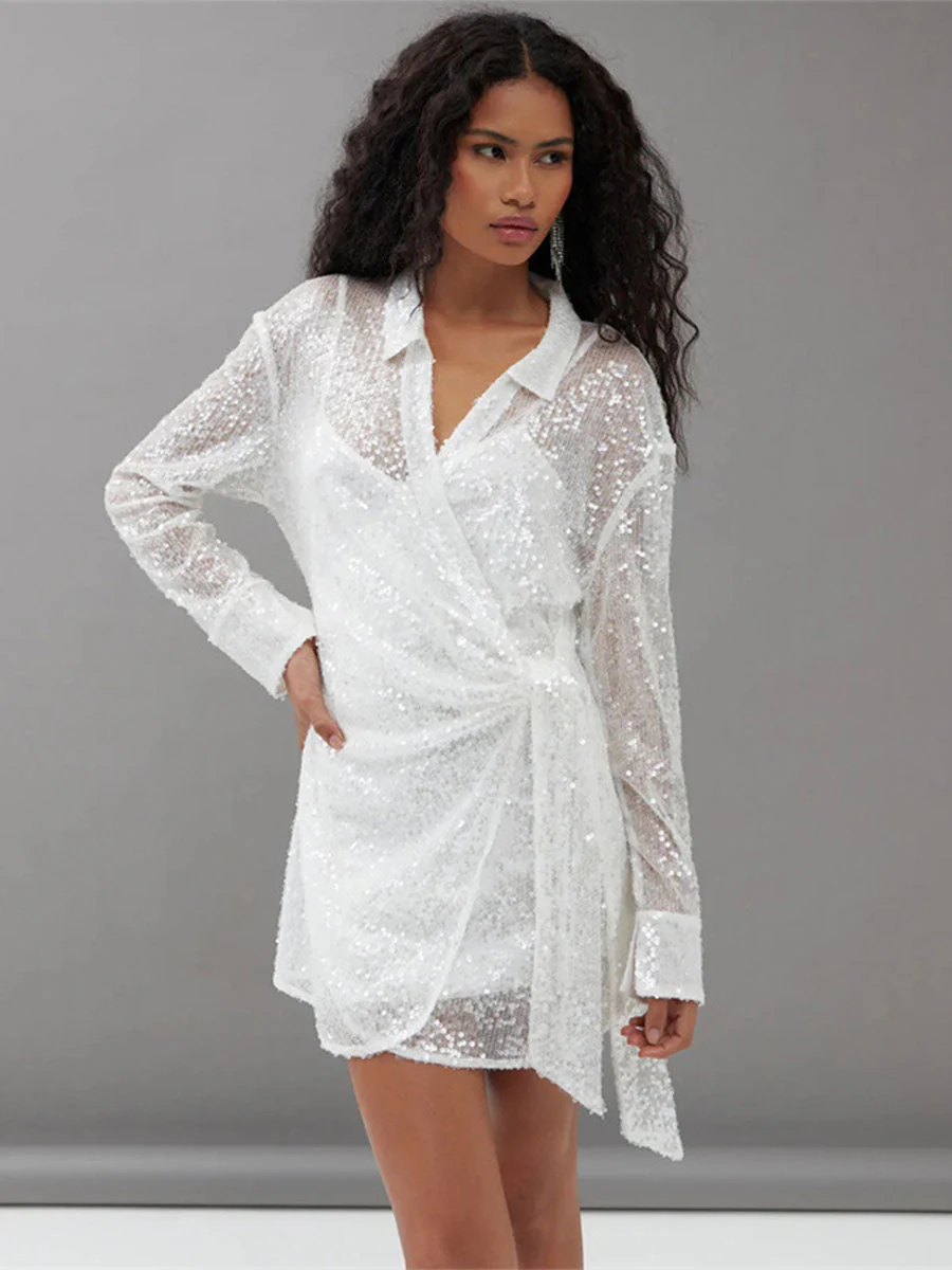 Loose Sequin Mesh Lapel Tie-Waist Mini Dress - Image 2