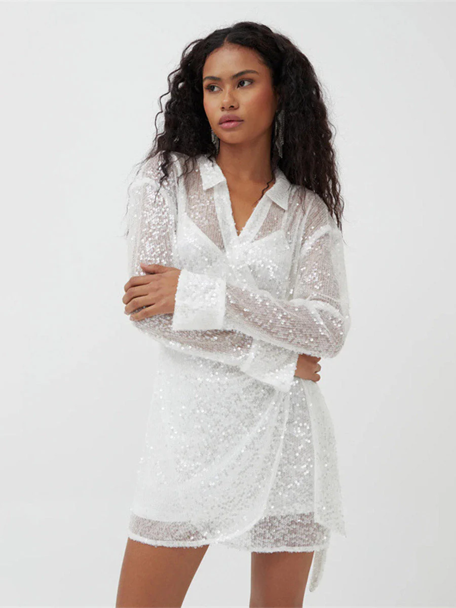 Loose Sequin Mesh Lapel Tie-Waist Mini Dress - Image 3