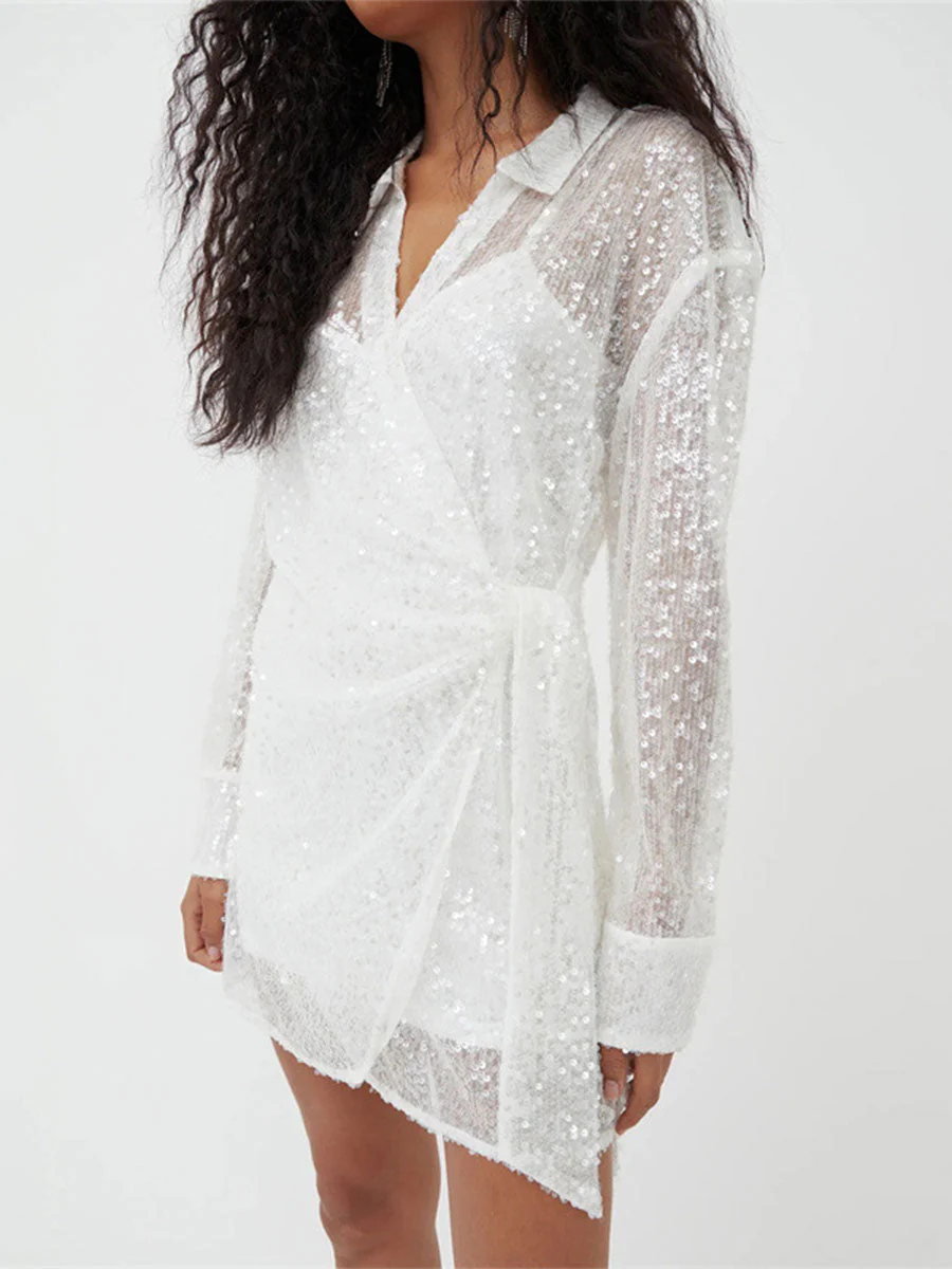 Loose Sequin Mesh Lapel Tie-Waist Mini Dress - Image 4