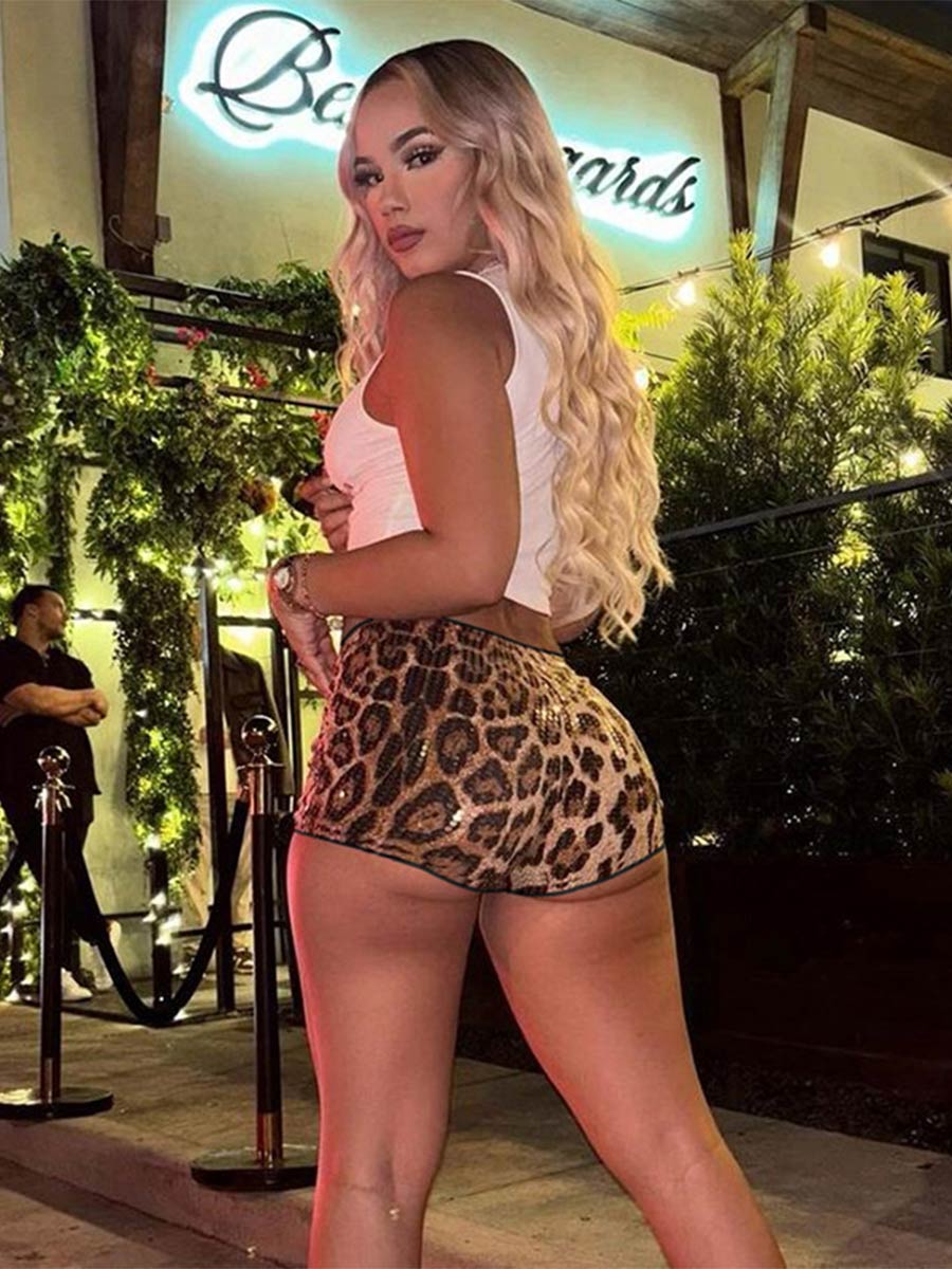 Low-Waisted Sexy Sequin Leopard Print Shorts - Image 2