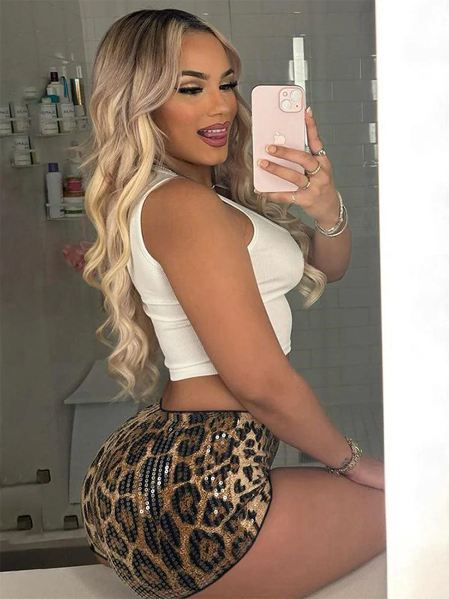 Low-Waisted Sexy Sequin Leopard Print Shorts - Image 4