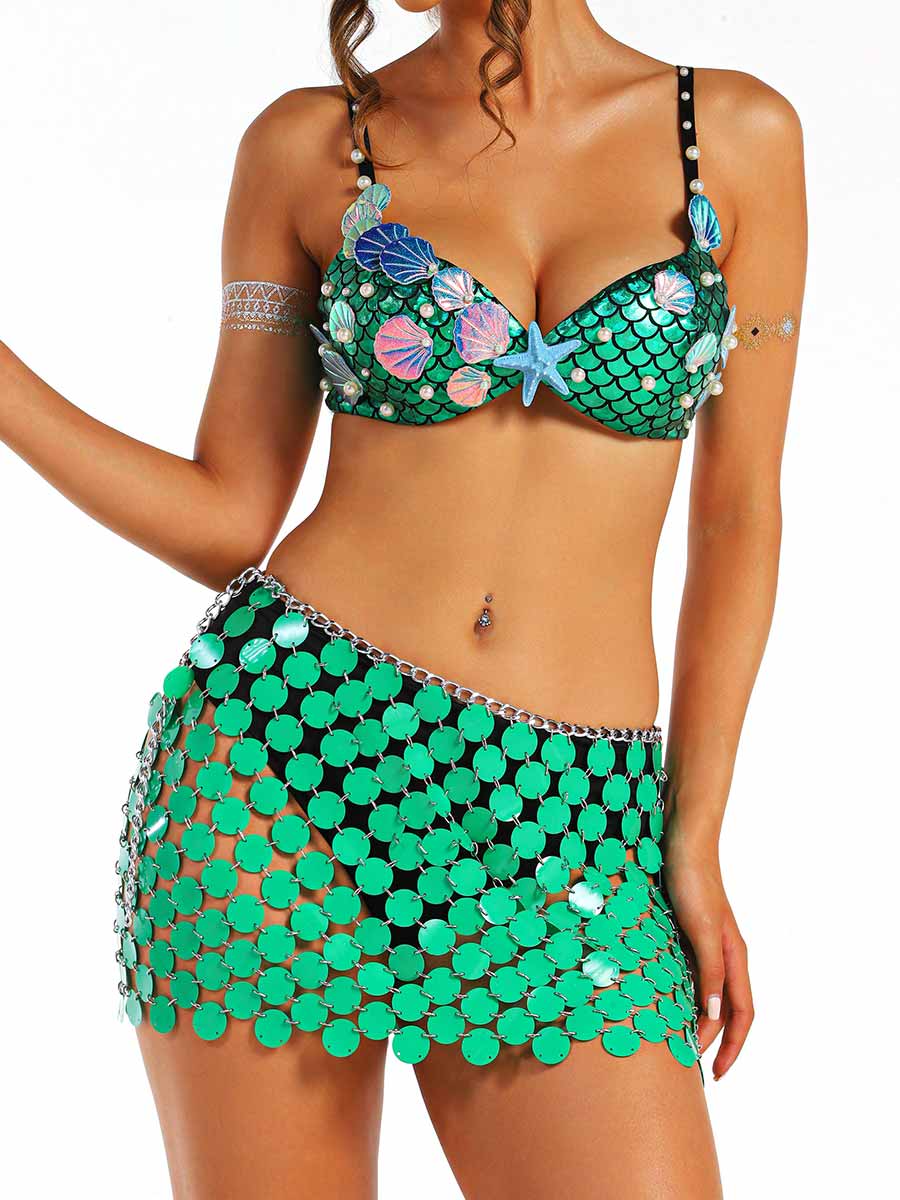 Marine Style Green Short Shiny Two-Piece Set - Image 4