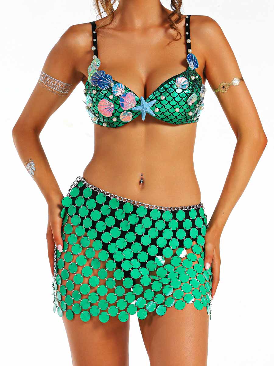 Marine Style Green Short Shiny Two-Piece Set - Image 5