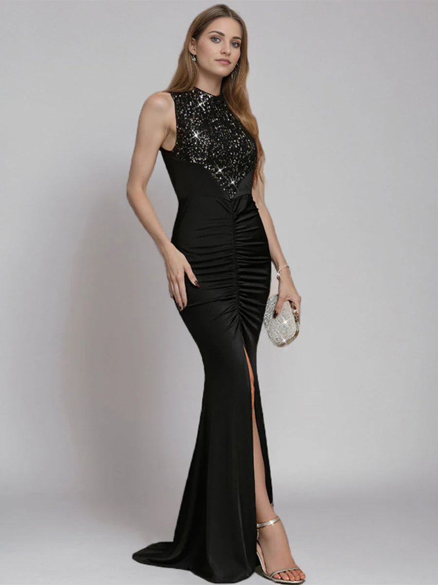 Mermaid Sequin Slit Black Maxi Gown - Image 3