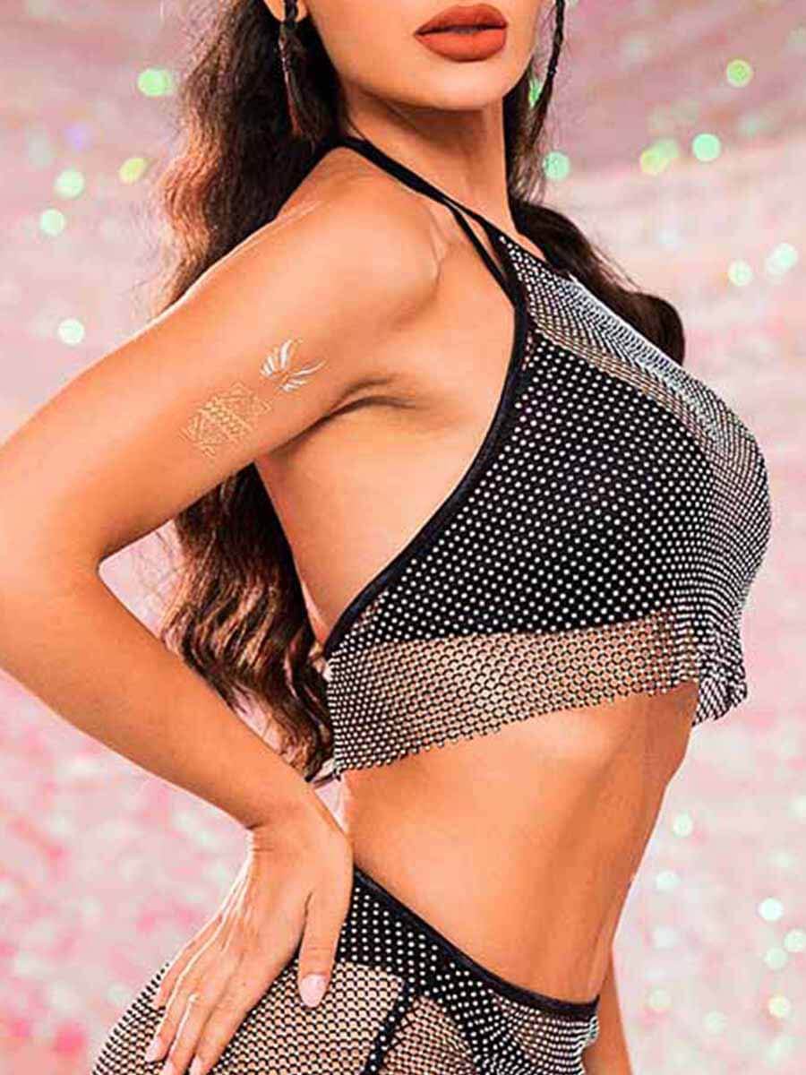 Mesh Two Piece Set - Black Mesh Rhinestone Set - Image 5