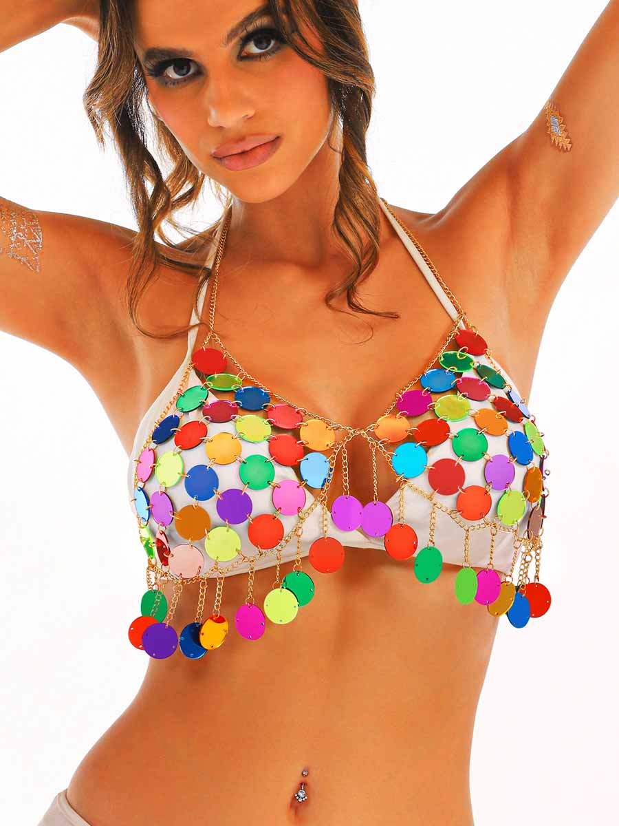 Metal Chain Rainbow Sequin Bra Top - Image 2