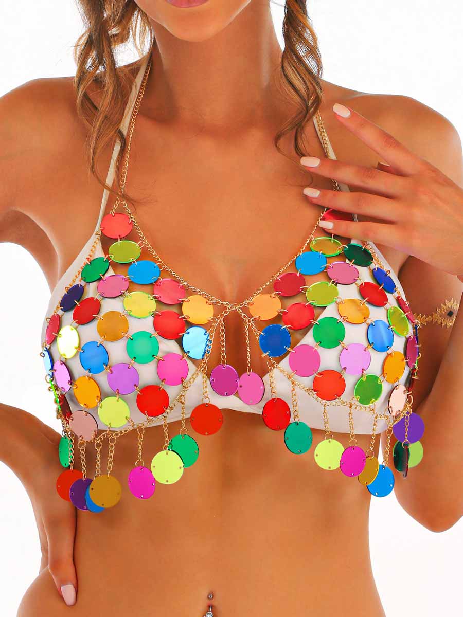 Metal Chain Rainbow Sequin Bra Top - Image 3