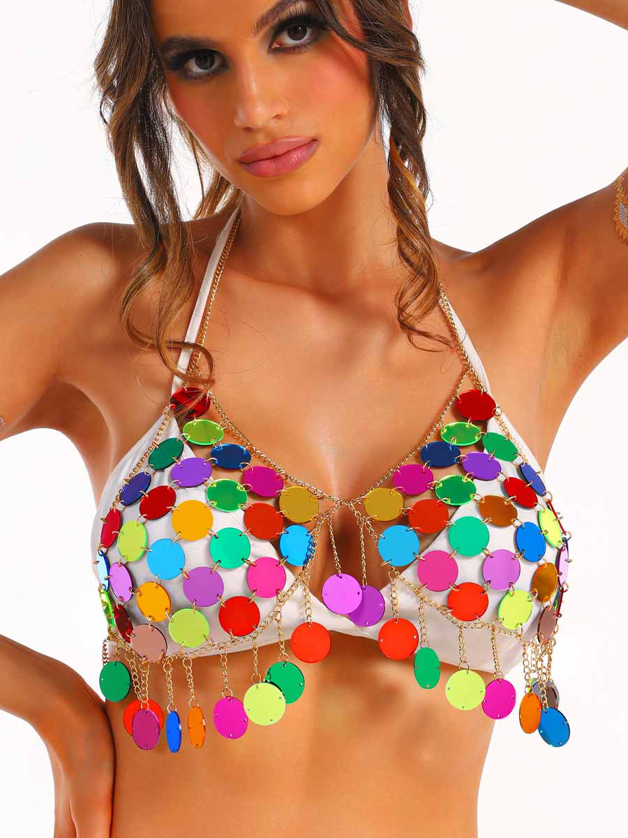 Metal Chain Rainbow Sequin Bra Top - Image 4