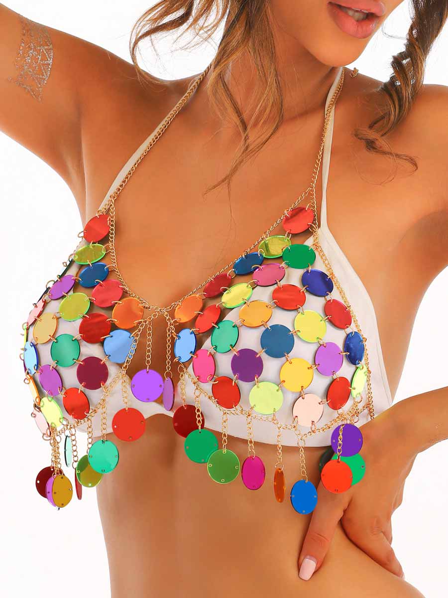Metal Chain Rainbow Sequin Bra Top - Image 5