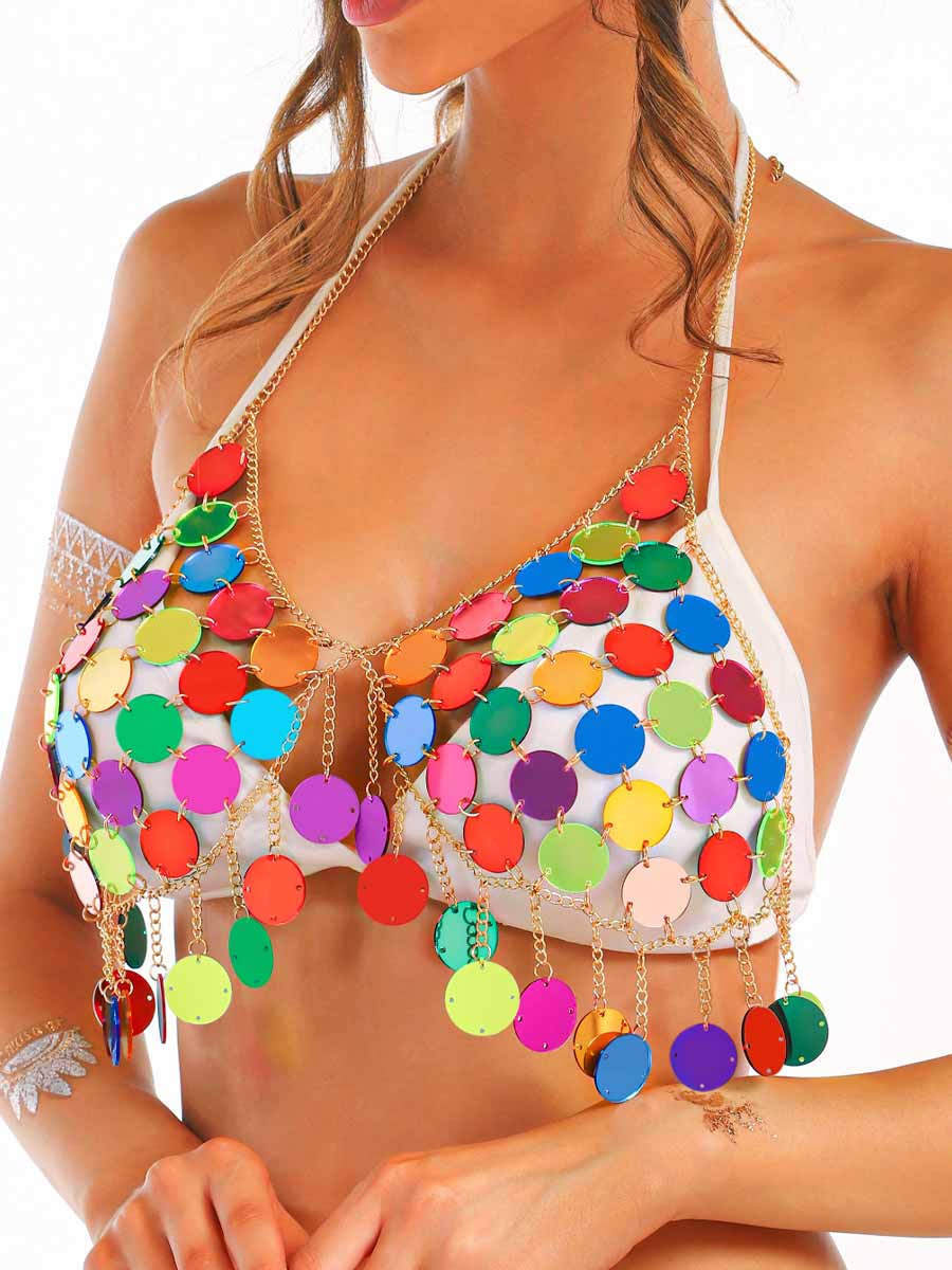Metal Chain Rainbow Sequin Bra Top - Image 7