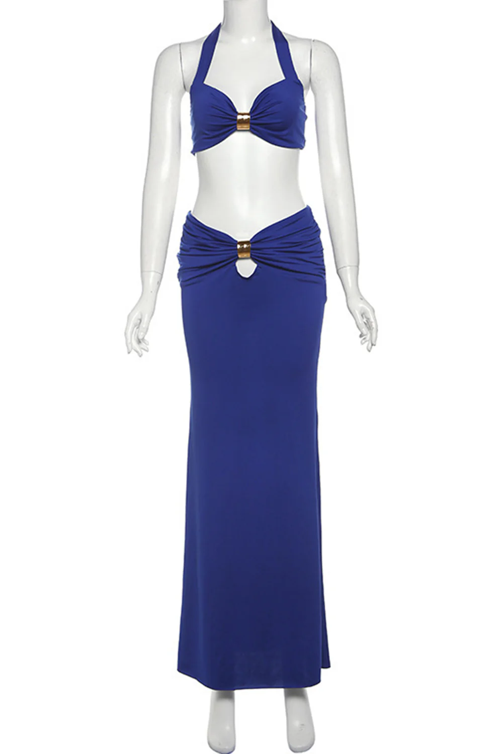 Metal Decor Halter Tube Bra Top Bodycon Maxi Skirt Party 2pcs Set-Blue - Image 4