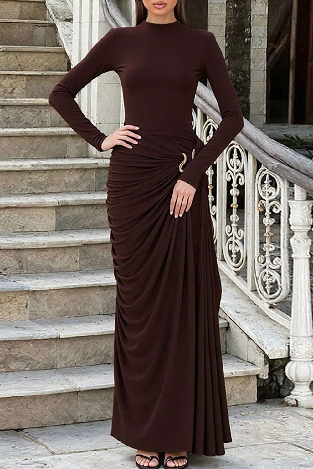 Metal Decor Ruched Slim Fit Solid Color Long Sleeve Maxi Dresses-Brown - Image 2
