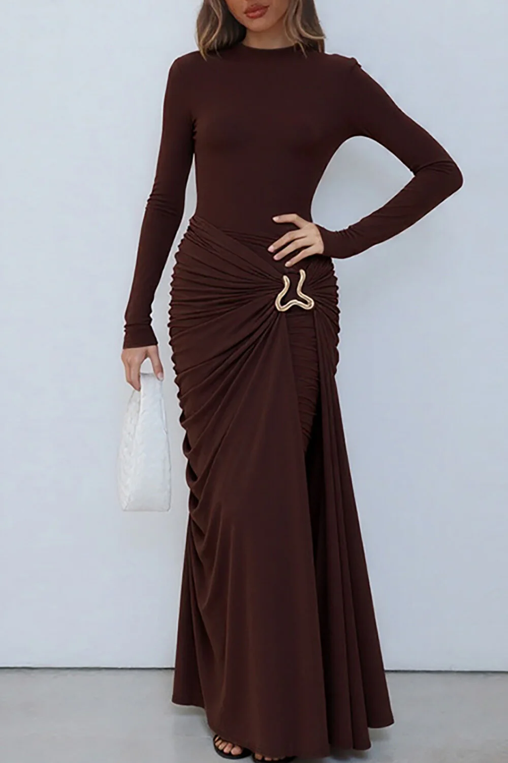 Metal Decor Ruched Slim Fit Solid Color Long Sleeve Maxi Dresses-Brown - Image 4