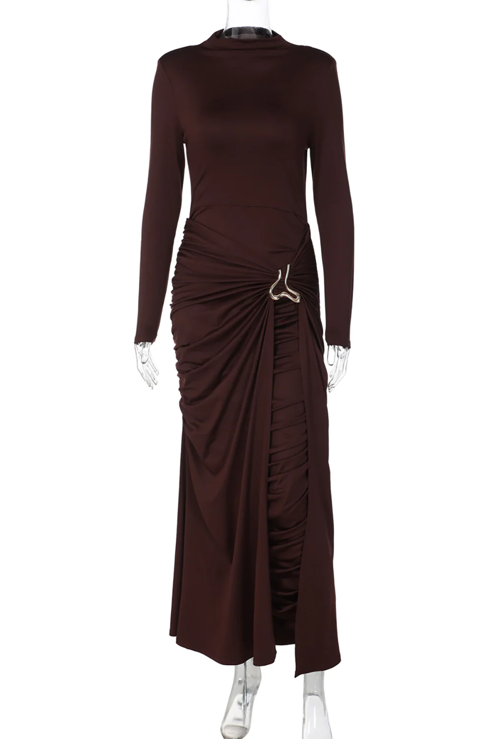 Metal Decor Ruched Slim Fit Solid Color Long Sleeve Maxi Dresses-Brown - Image 5