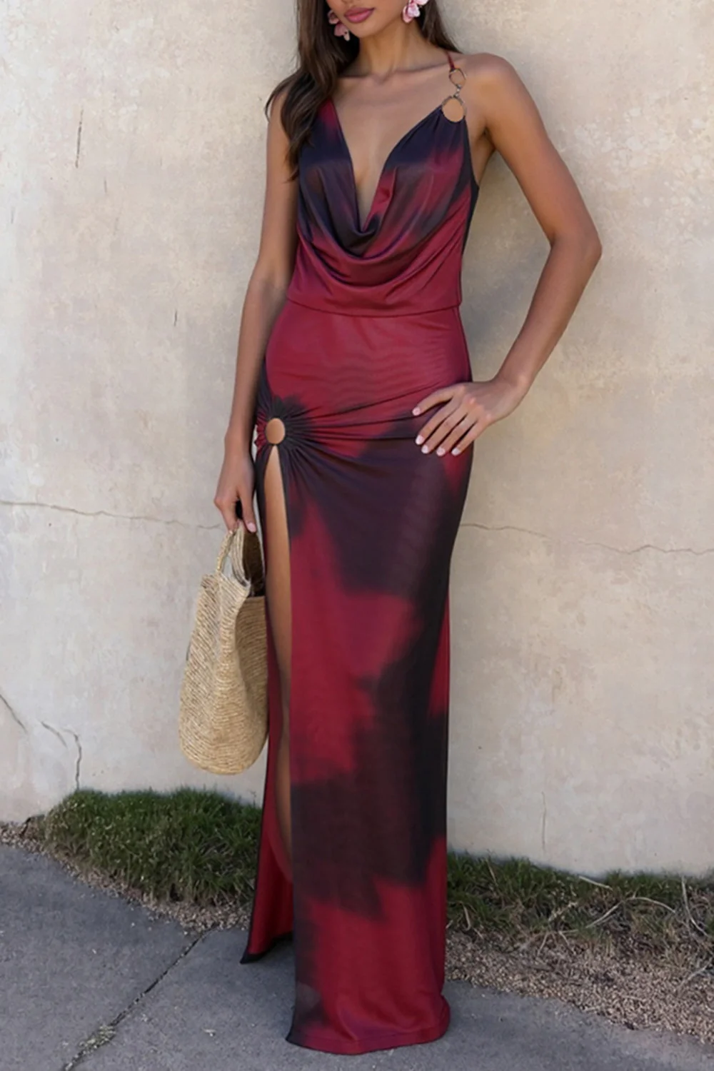 Metal Ring Cami Ruffled Slit Bodycon Party Maxi Dresses-Red - Image 4