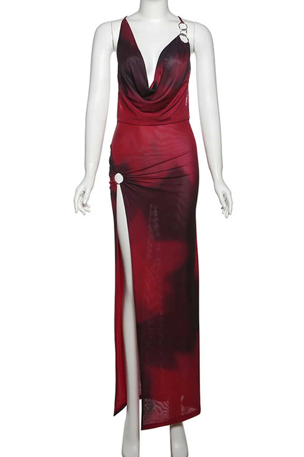 Metal Ring Cami Ruffled Slit Bodycon Party Maxi Dresses-Red - Image 5