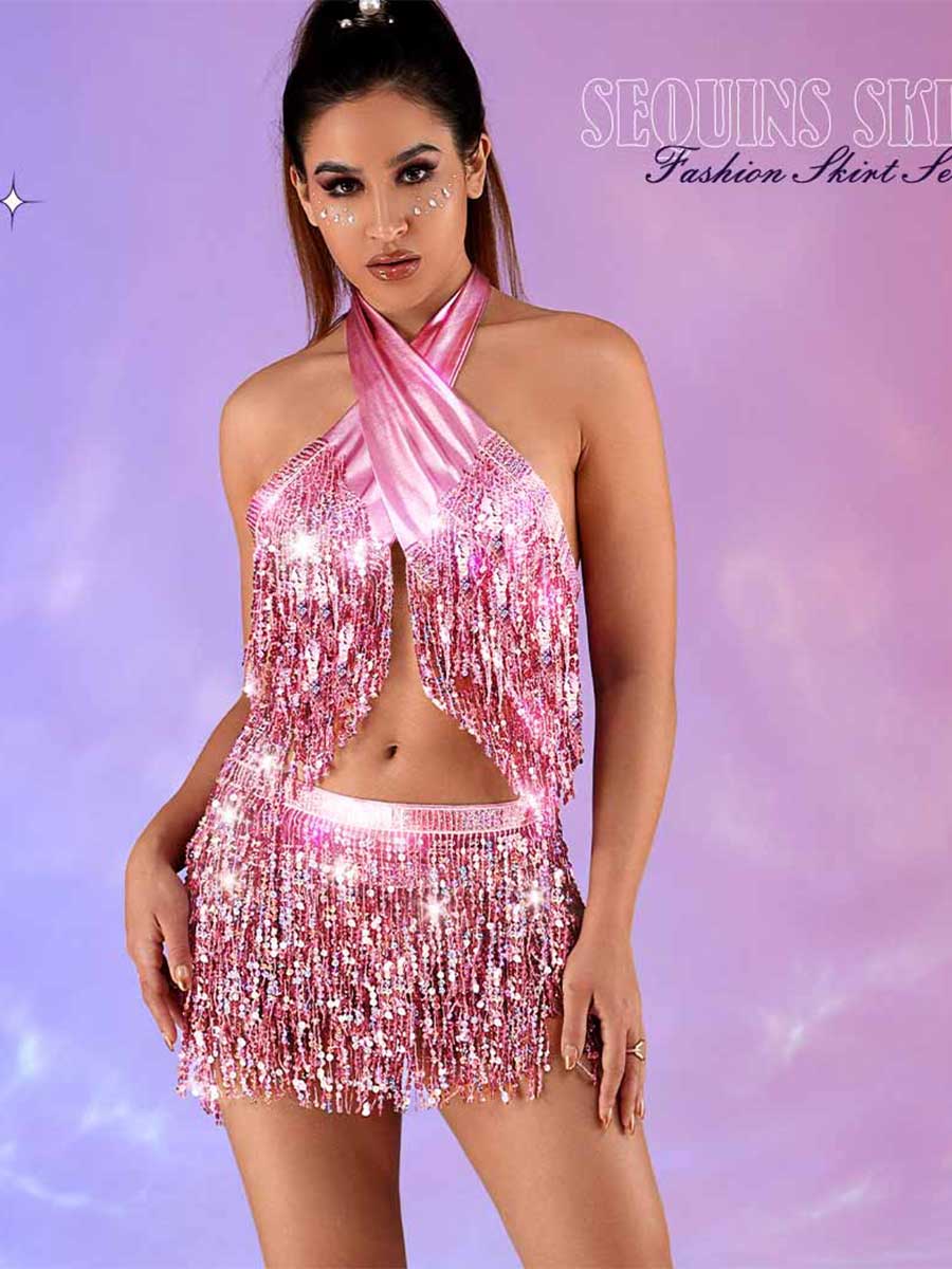 Metallic Pink Sequin Tassel Two-Piece Set - Image 2