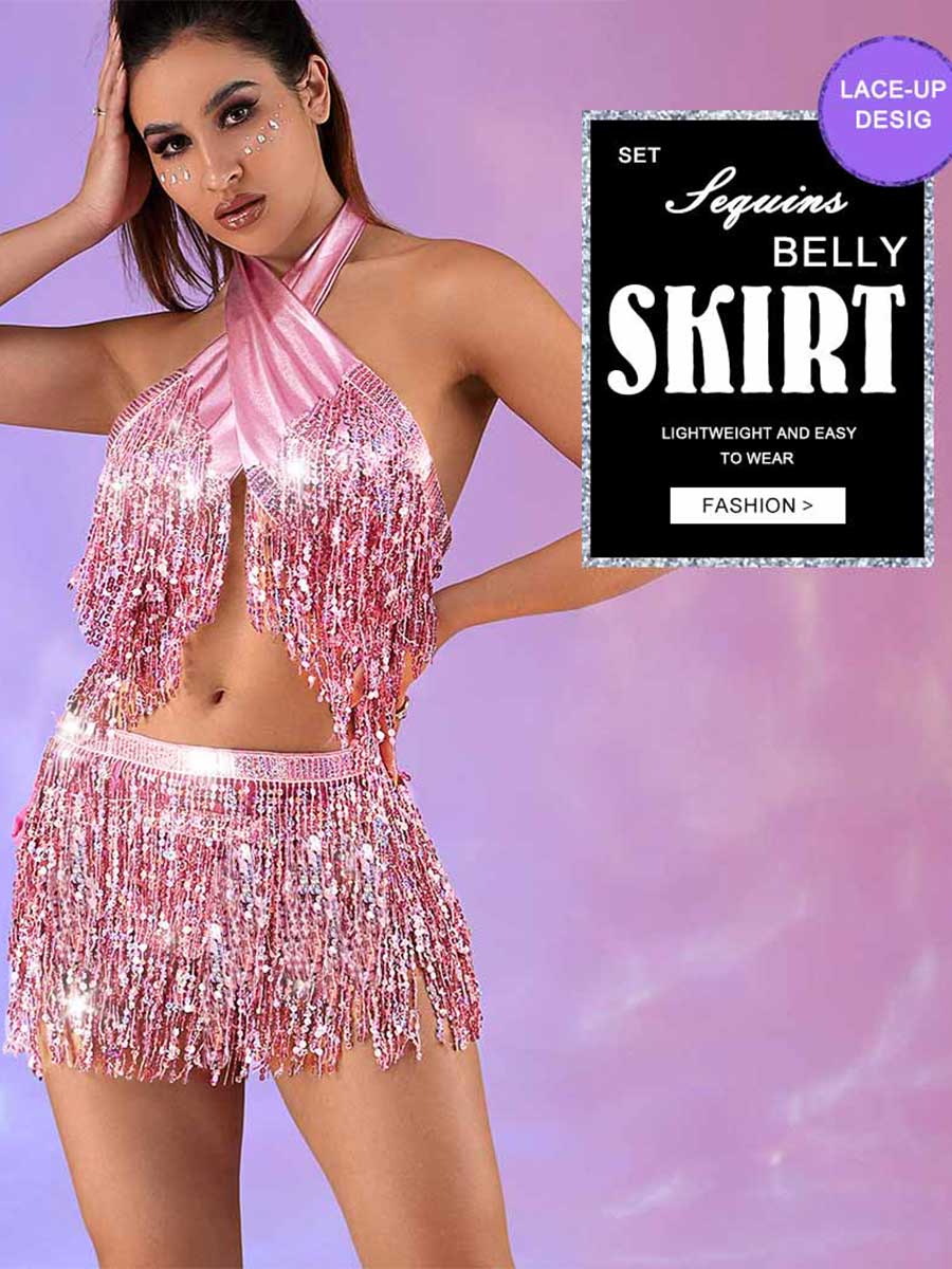 Metallic Pink Sequin Tassel Two-Piece Set - Image 4