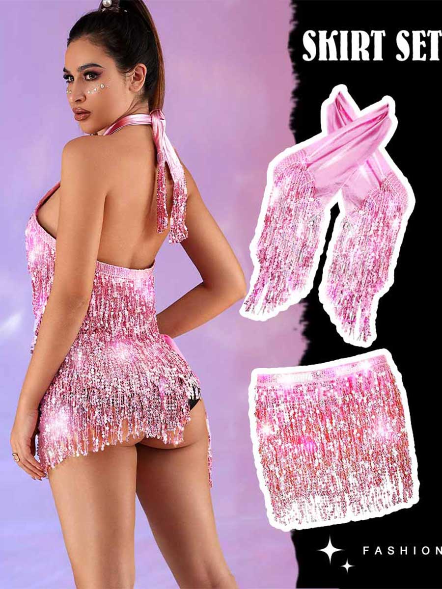 Metallic Pink Sequin Tassel Two-Piece Set - Image 6