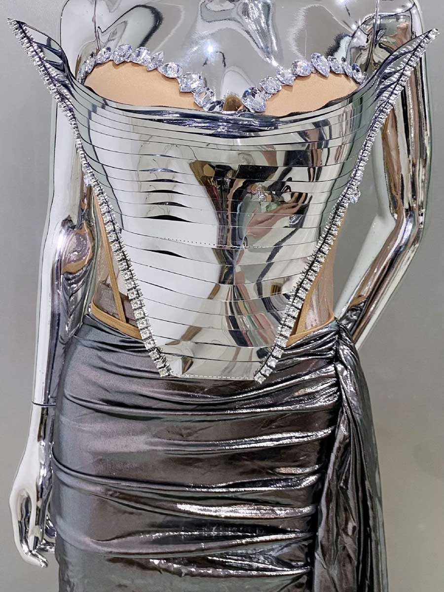 Metallic Sequin & Rhinestone Bustier Mini Skirt Set - Image 6