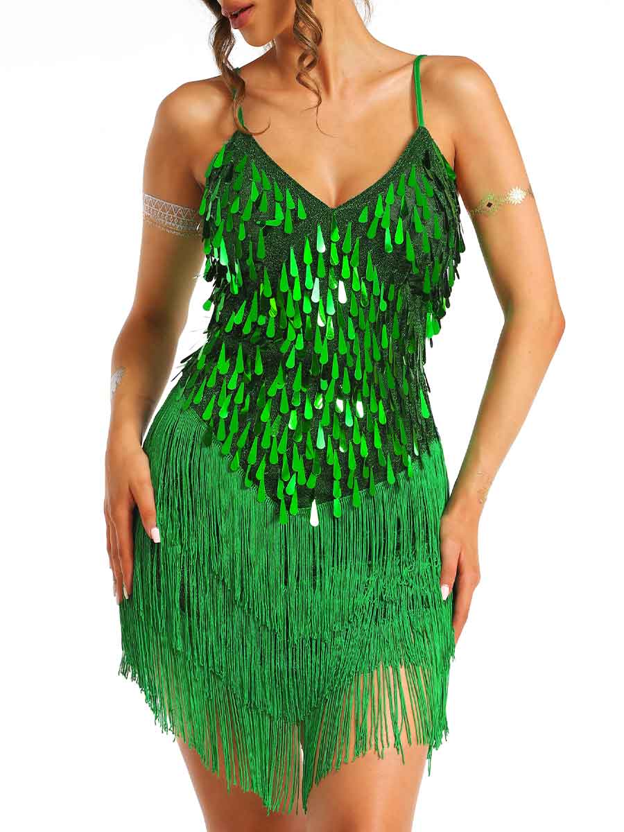 Mini Green Sequin Fringe Dress - Image 3