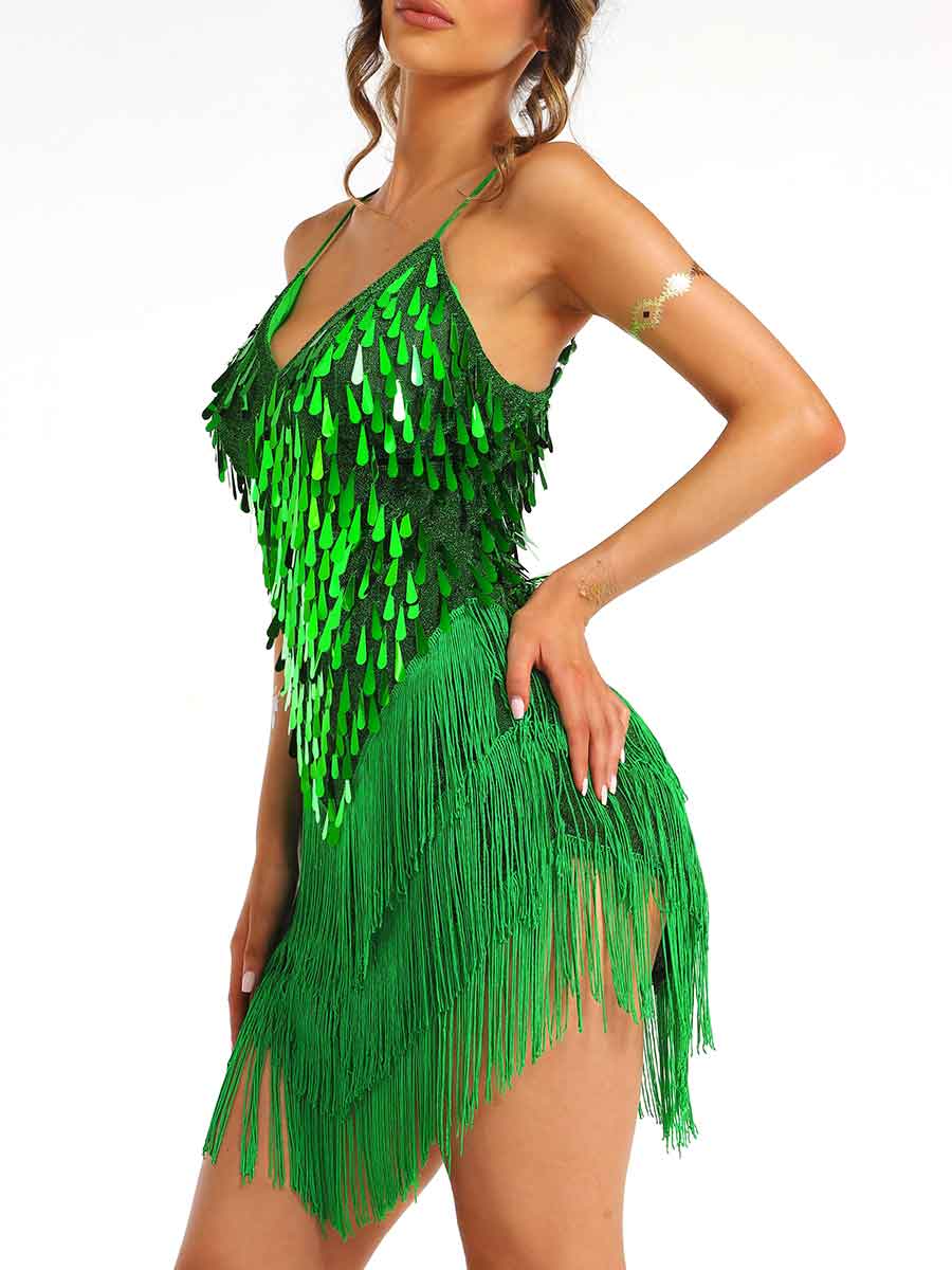 Mini Green Sequin Fringe Dress - Image 4