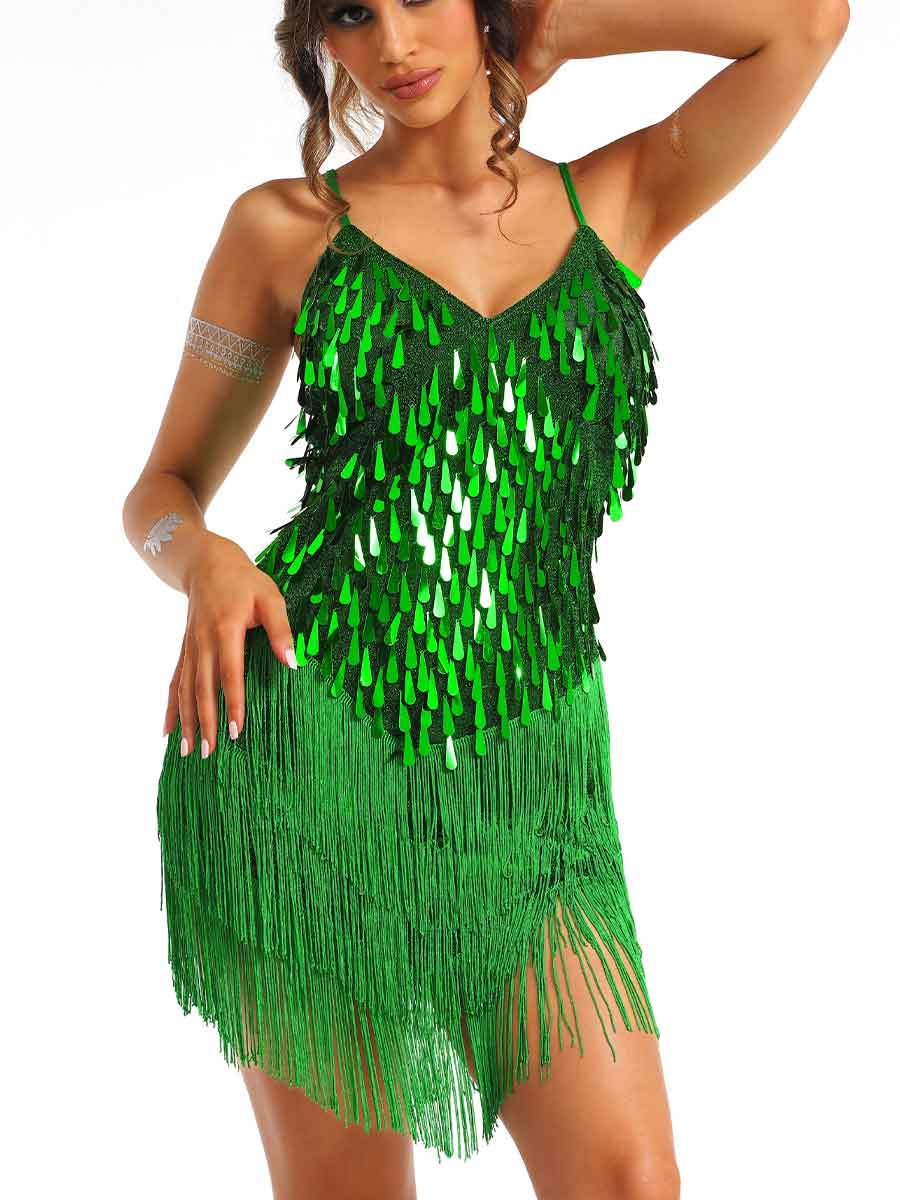 Mini Green Sequin Fringe Dress - Image 5