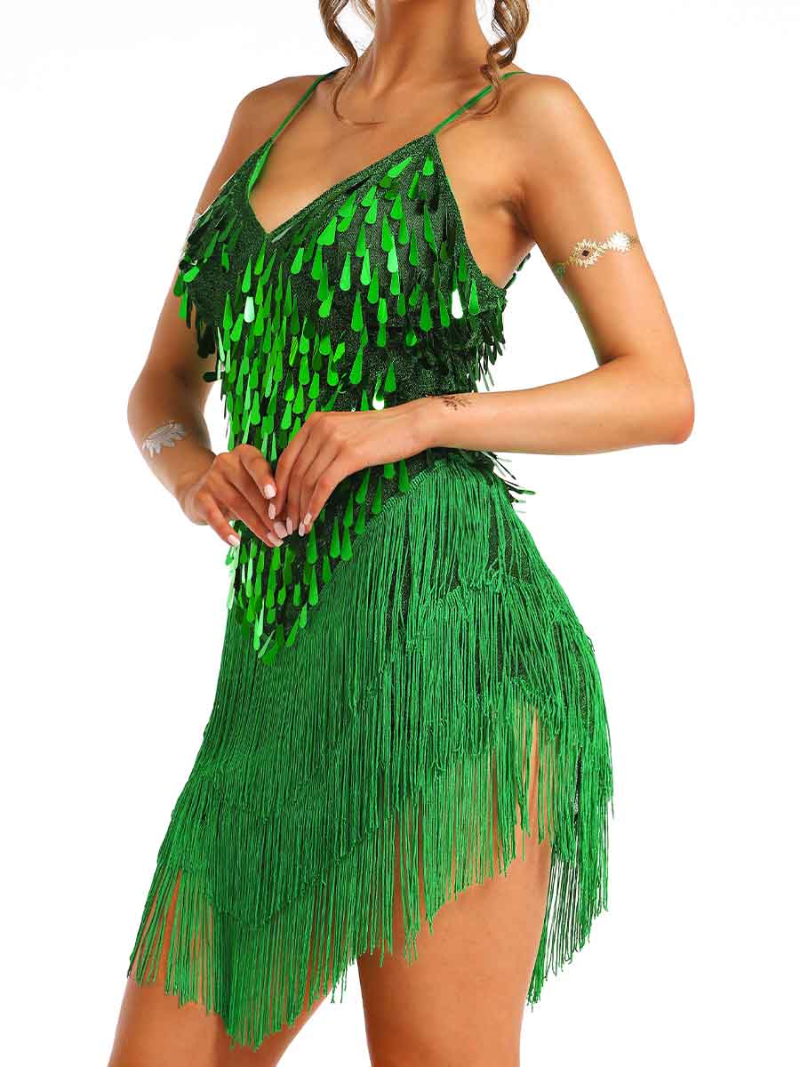 Mini Green Sequin Fringe Dress - Image 6