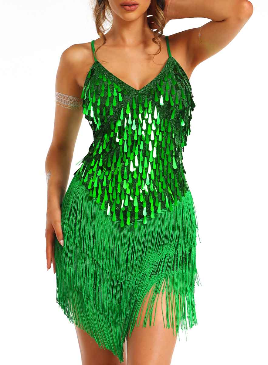 Mini Green Sequin Fringe Dress - Image 7