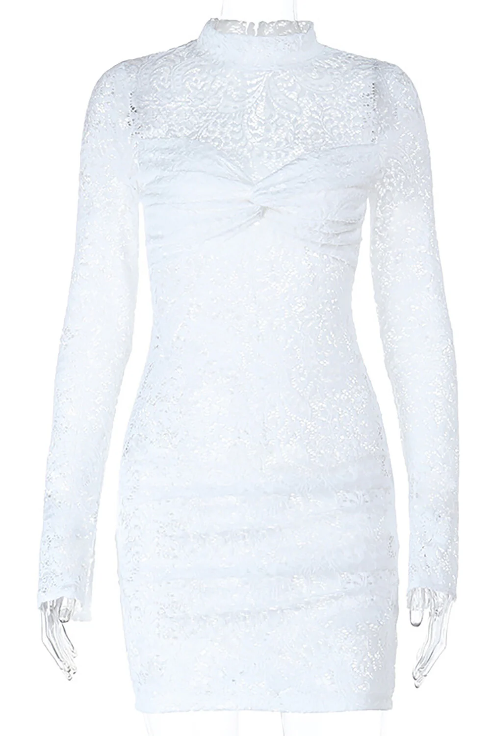 Mock Neck Long Sleeve Twisted Ruched Floral Lace Fitted Mini Dresses-White - Image 4